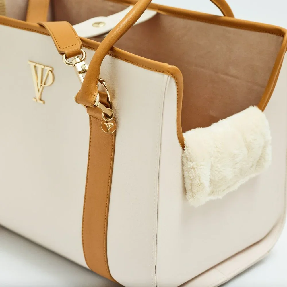 Ivory and Gold Leather Luxury Dog Carrier, Dog Bag, Dog tote for small dogs